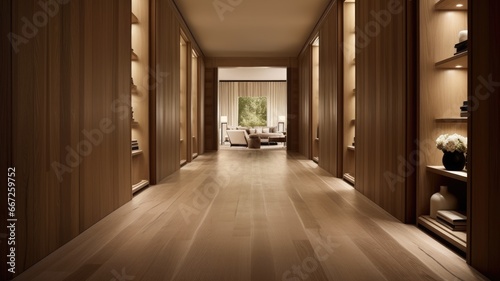 a corridor adorned with light walnut wood panels, set in a cozy and magnificent residence, beautifully designed.