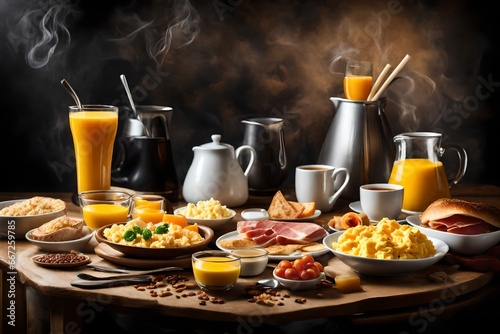 Breakfast served with coffee  orange juice  scrambled eggs  cereals  ham and cheese