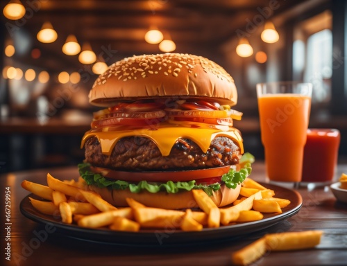 The fresh and delicious cheeseburger with fries on a table against blurred Restaurant background. photo