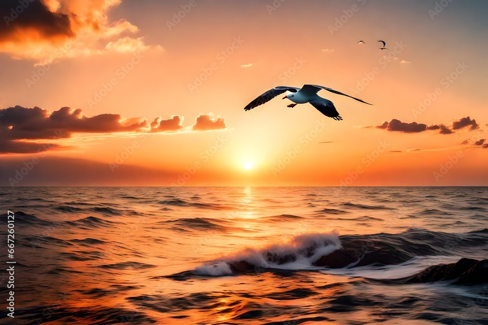 Beautiful Nature of Sunset and Flying Seagull Over the Sea on Twilight Sky 