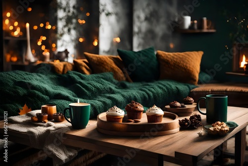 Modern autumn hygge set in living room. Dark green interior elements, soft pillows, plaid on sofa with chocolate muffin, aroma drink mug on wood tray and scented candle burning.