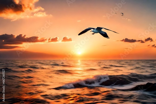 Beautiful Nature of Sunset and Flying Seagull Over the Sea on Twilight Sky 