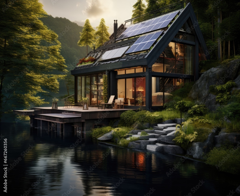 an ecofriendly house beside the river, in the style of 32k uhd, meticulously detailed, national geographic photo, solarizing master