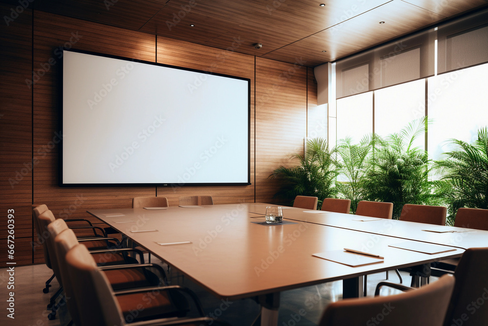 View from head of conference table surrounded by chairs with focus on large screen tv. View from head of conference table surrounded by chairs with focus on large screen tv.