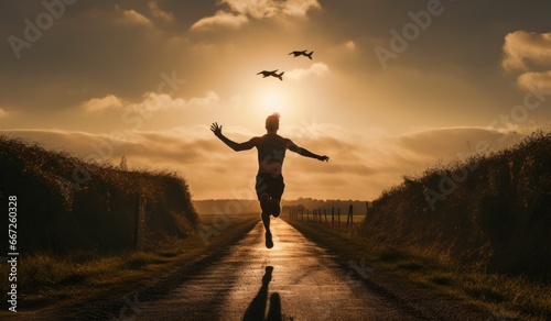 Wallpaper Mural Silhouette of man running sprinting on road. Fit male fitness runner during outdoor workout with sunset background Torontodigital.ca