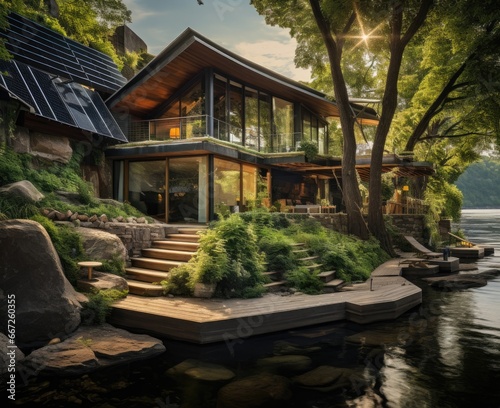 an ecofriendly house beside the river, in the style of 32k uhd, meticulously detailed, national geographic photo, solarizing master photo