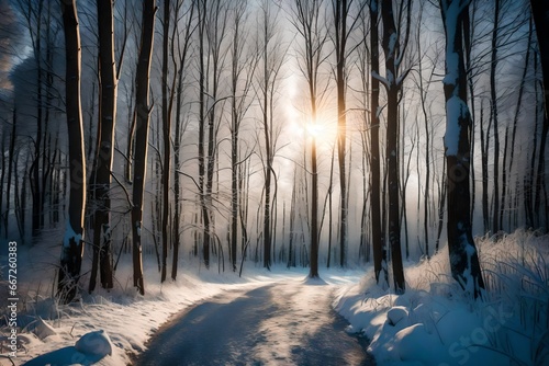 Snow path in winter forest. Evening sun shines through trees. Sun illuminates trees with frost. Winter snowy sunny landscape