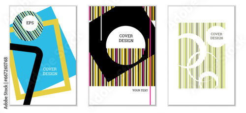 Geometric cover design, set of 3 covers. Abstract unusual background in Memphis style. Bright geometric shapes in random order