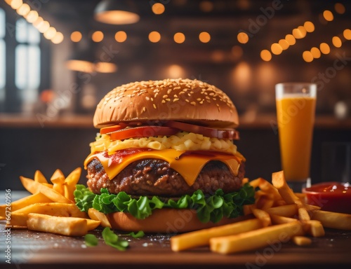 The fresh and delicious cheeseburger with fries on a table against blurred Restaurant background. photo