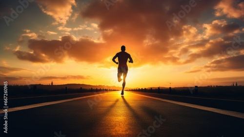 Silhouette of man running sprinting on road. Fit male fitness runner during outdoor workout with sunset background © panu101