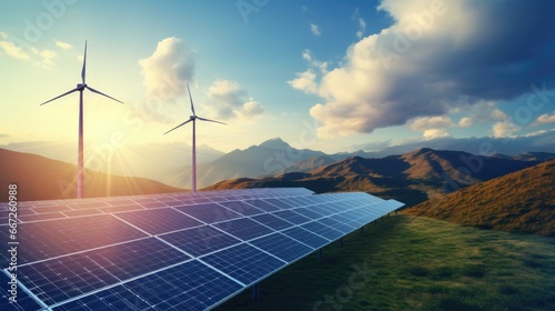 Solar panel with wind turbines against mountains and sky as background - image photo