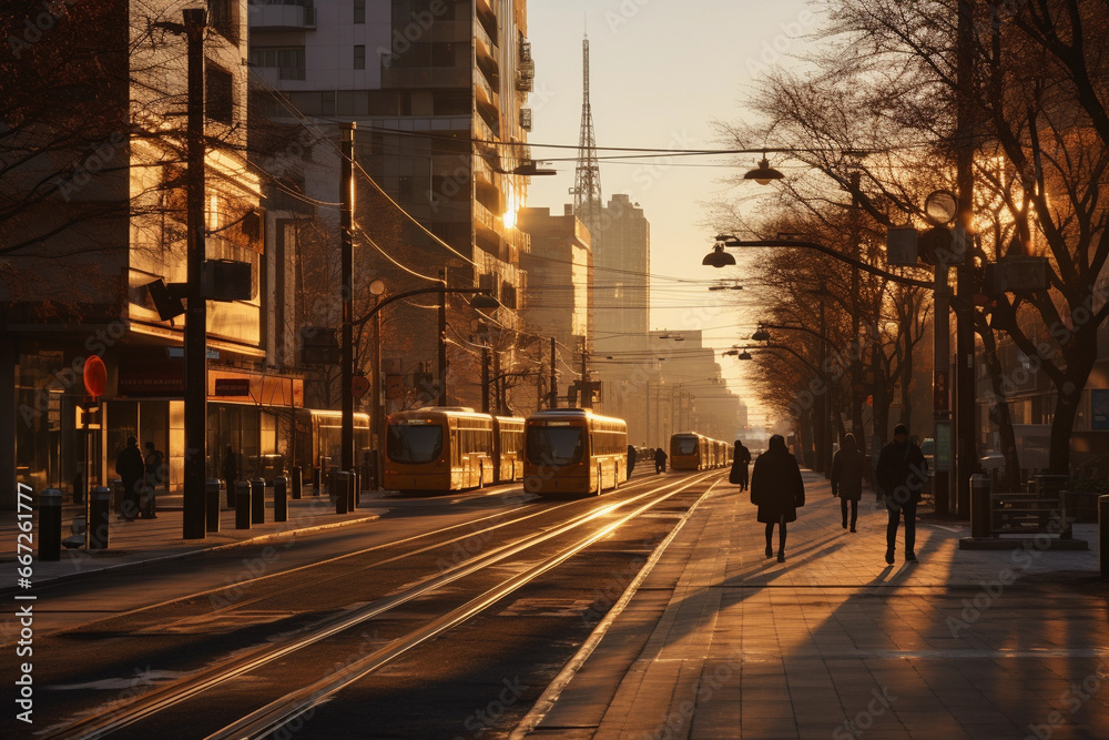 Fototapeta premium Sunset over city skyline, on the subway over ground train station