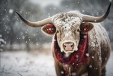 Snowy longhorn cow with a Christmas vibe. Generative AI