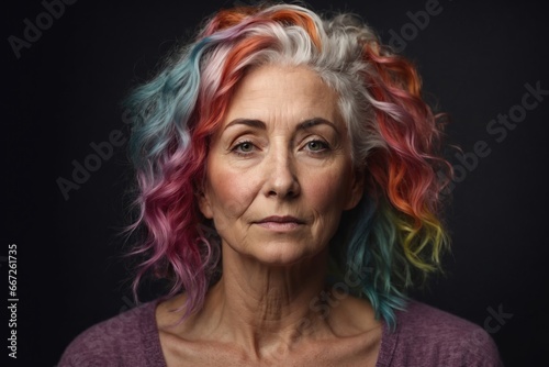 portrait of aged woman with colorful hair. ai generative
