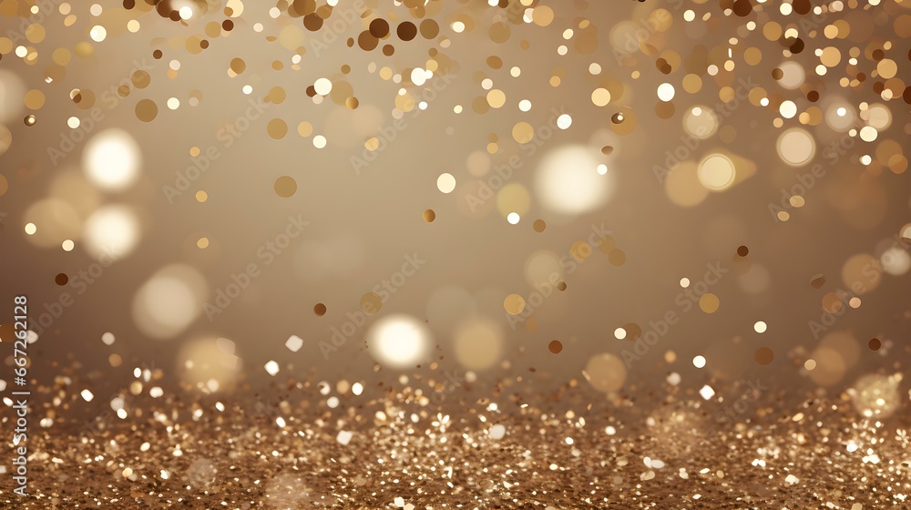 Beige Background of Bokeh Lights with shiny Particles. Festive Template for Holidays and Celebrations