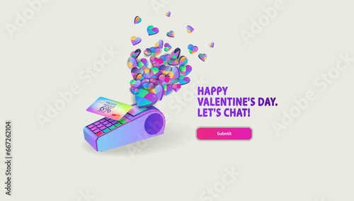 A lot of small colored hearts fly out of the shopping payment terminal