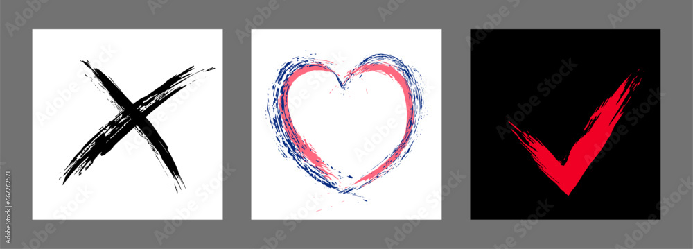 The cross, heart and OK symbol are hand-drawn with a brush. Prohibition, denial, error. Love. Approval, consent. Vector, set of 3 characters The cross, heart and OK symbol are hand-drawn with a brush. Prohibition, denial, error. Love. Approval, consent. Vector, set of 3 characters