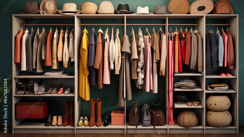 a vast closet filled with an extensive collection of clothes, a woman donning a stylish and aesthetic outfit in the modern minimalism style.