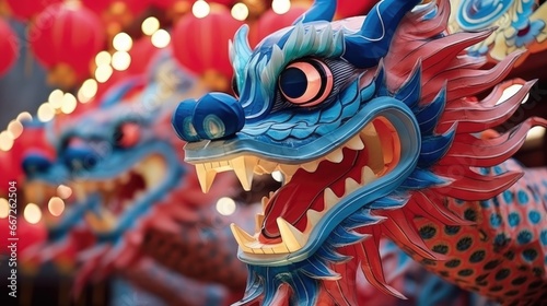 Blue wooden Chinese dragon statuette background. Navy Dragon's face of figurine. Happy Chinese new year 2024 Wallpaper concept.. © Oksana Smyshliaeva