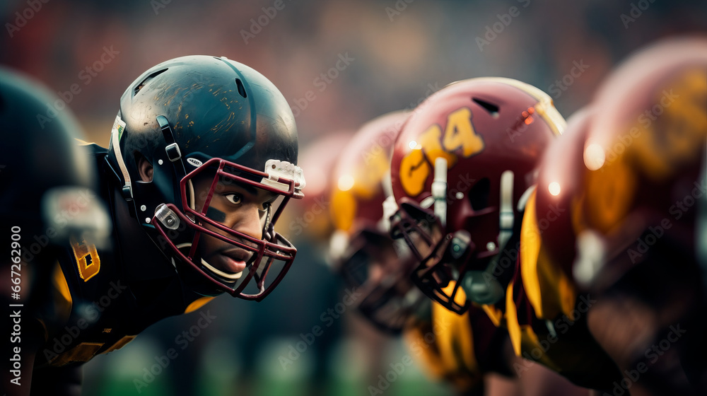 Fototapeta premium Two Professional American Football Teams Stand Opposite Each Other, Ready to Start the Game. Defense and Offense Prepare to Fight for the Ball with Desire to Score Points and the Goal and Win