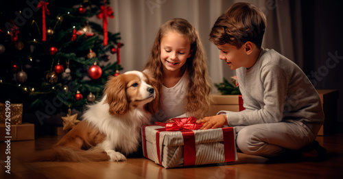Happy Little Family Exchanging Gifts on Christmas Morning: Brother and Sister Receiving their Gifts. Happy Children Getting New Toys from Mom and Dad, with Family Dog Sharing the Moment © GustavsMD