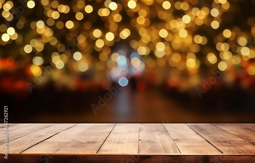 Empty table and blurred fir tree with yellow Christmas lights on bokeh background. Generated AI