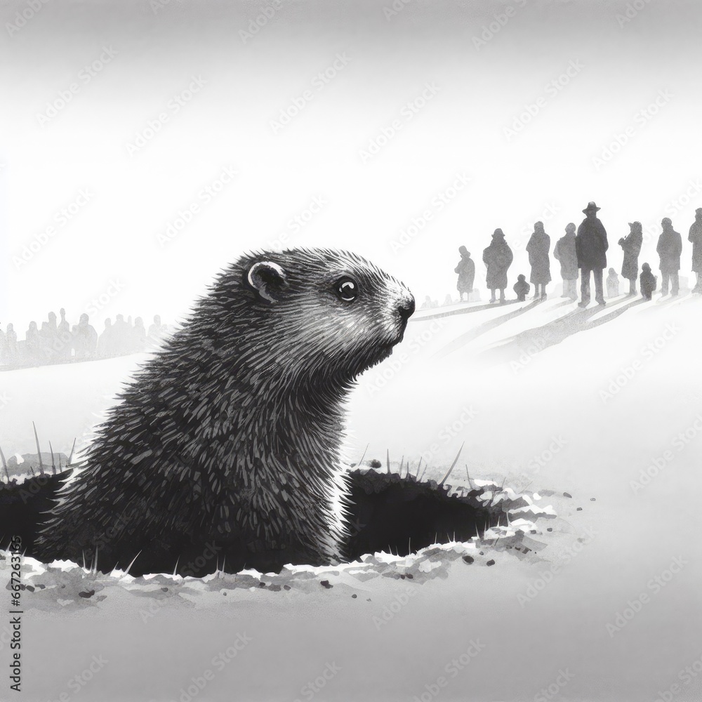 Obraz premium Groundhog on groundhog day looking out to a group of people.