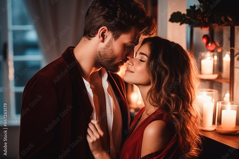 Happy young couple celebrating Valentine's Day at home