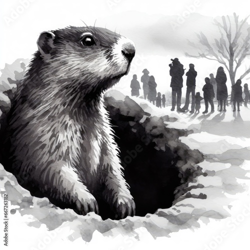 Groundhog on groundhog day looking out from hole with people silhouettes watching.