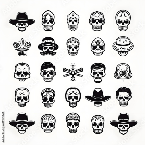 Simple Line Drawings in Monochrome of skulls from the day of the dead