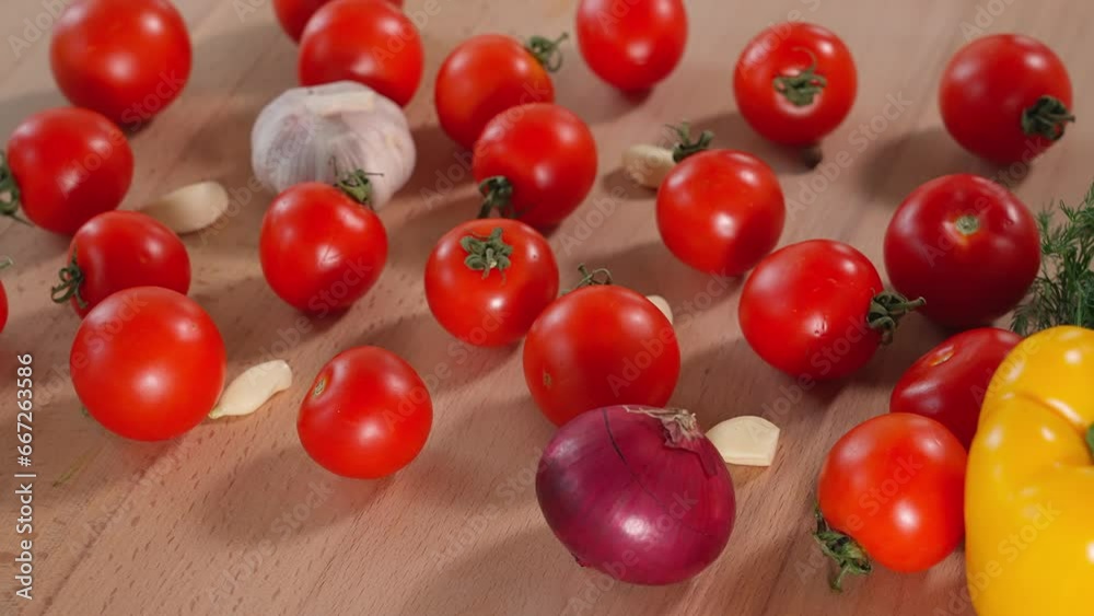Red tomatoes, yellow peppers, blue onions, garlic, herbs lie on a wooden board. The camera moves from right to left over the vegetables. Close-up, slow motion Red tomatoes, yellow peppers, blue onions, garlic, herbs lie on a wooden board. The camera moves from right to left over the vegetables. Close-up, slow motion