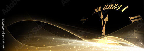 New Year 2024 countdown clock over golden sand with transparent waves on black background.