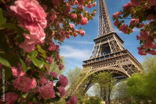 Iconic Parisian landmark surrounded by blooming flowers. Generative AI