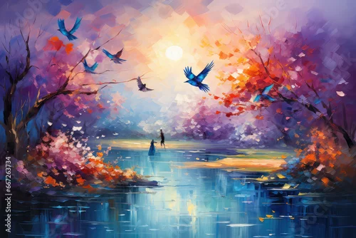 Obraz Kolorowy obraz przedstawiający ptaki nad rzeką w lesie. 