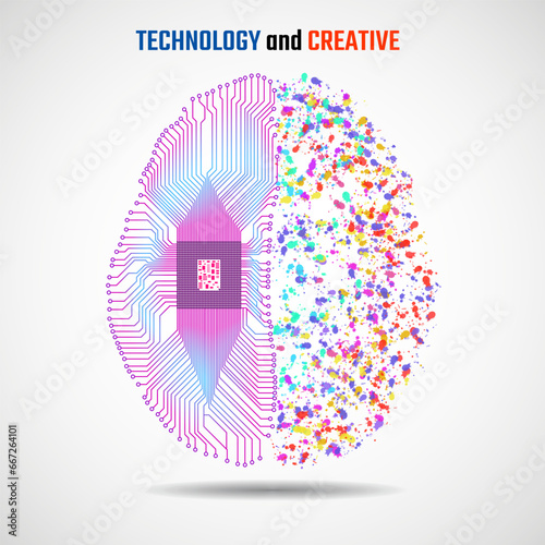 Left and right human brain cerebral hemispheres with cpu, circuit board and colorful ink splashes, grunge splatters. Vector illustration