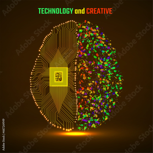 Left and right human brain cerebral hemispheres with cpu, circuit board and colorful ink splashes, grunge splatters. Vector illustration