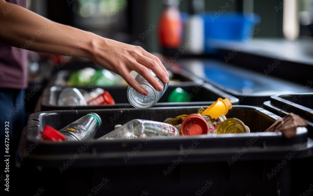A Woman throws plastic bottles into a recycling sorting bin, at home.