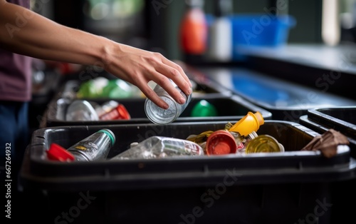 A Woman throws plastic bottles into a recycling sorting bin, at home. photo
