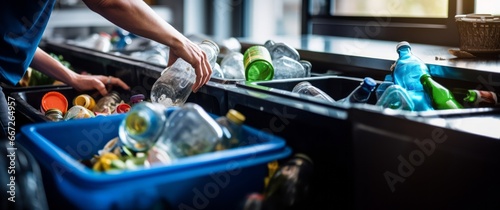 A Woman throws plastic bottles into a recycling sorting bin, at home. photo