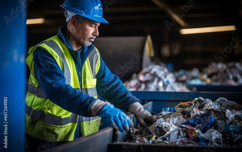 A Recycle worker sorting trash from a conveyor belt at a recycling center. for the environment. photo