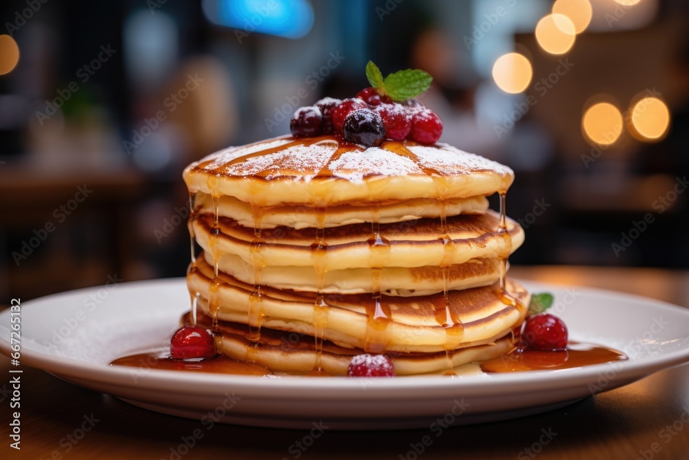 Stacked Pancakes Drizzled with Syrup and Topped with Fresh Fruit Stacked Pancakes Drizzled with Syrup and Topped with Fresh Fruit