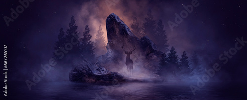 Dark fantasy mountain landscape, river bank, deer on a mountain in the forest, reflection in the water. 3D illustration