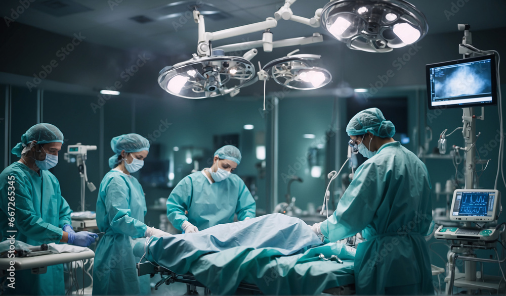 A surgical team of doctors performs an operation and operates on patient on surgical table. Professional surgeons perform the operation in special operating room using modern equipment and technology A surgical team of doctors performs an operation and operates on patient on surgical table. Professional surgeons perform the operation in special operating room using modern equipment and technology