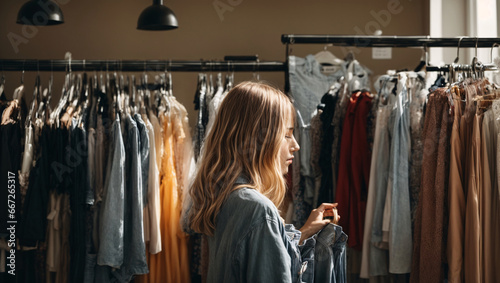 The store has a cozy atmosphere; a middle-aged woman happily sorts through the clothes on the hangers. On her day off, she happily tries on exquisite outfits, taking advantage discounts and promotions