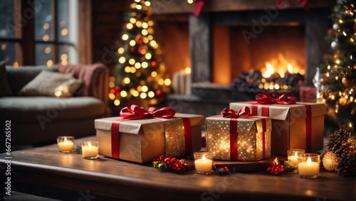 Pacchetti di regali di Natale con sfondo natalizio  albero di Natale e luci