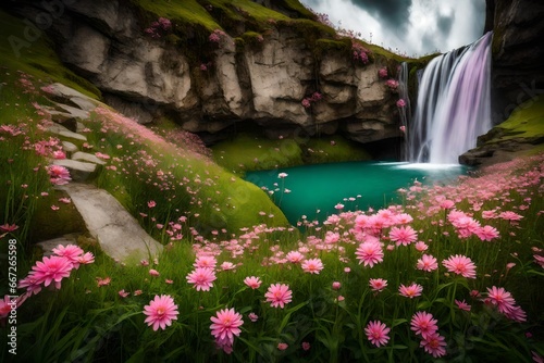 waterfall in the mountains sunset 