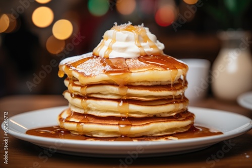 Stacked Pancakes Drizzled with Syrup and Topped with Fresh Fruit © NikoG