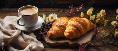Fresh croissants with gold crust hot cocoa or chocolate in a mug wood table floral napkin cozy ambience