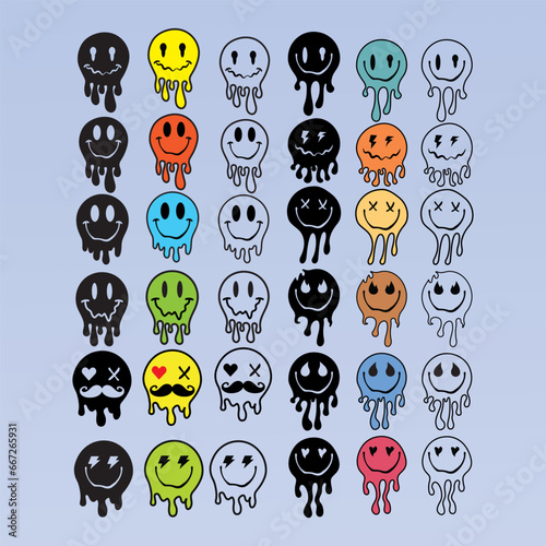 Groovy Melting Smiling Faces. Psychedelic Distorted Emoji Vector Illustration in 1970s Hippie Retro Style for Print on T-Shirts, Posters, Creating Logos and Patterns, Web Design and Social Media
