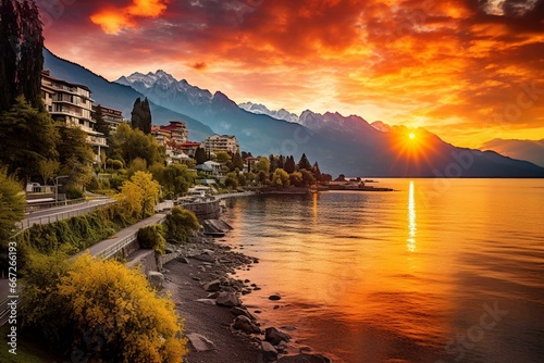 Fotótapéta Scenic sunrise over Montreux, Lake Geneva in Switzerland